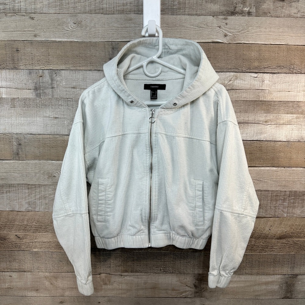 Forever 21 Womens Corduroy Hooded‎ Cropped Jacket Full Zip White Large 11252.2